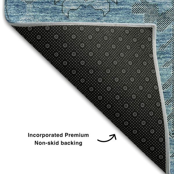 HomeRoots 8' Washable Blue Charcoal Ivory Oriental Round Rug with UV Protection for Easy Care & Style 656612