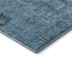HomeRoots 8' Washable Blue Charcoal Ivory Oriental Round Rug with UV Protection for Easy Care & Style 656612