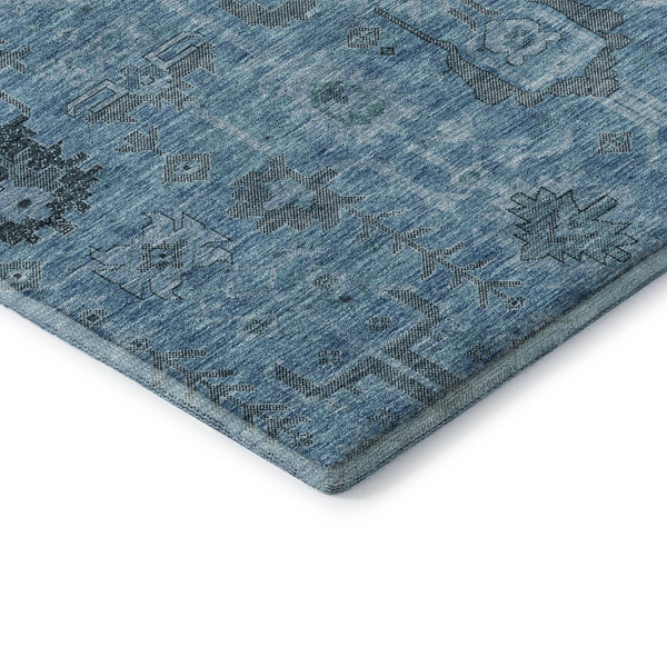 HomeRoots 8' Washable Blue Charcoal Ivory Oriental Round Rug with UV Protection for Easy Care & Style 656612
