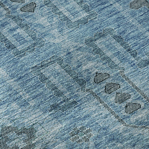 HomeRoots 8' Washable Blue Charcoal Ivory Oriental Round Rug with UV Protection for Easy Care & Style 656612