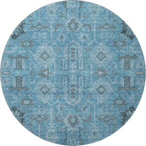 HomeRoots 8' Washable Blue Charcoal Ivory Oriental Round Rug with UV Protection for Easy Care & Style 656612