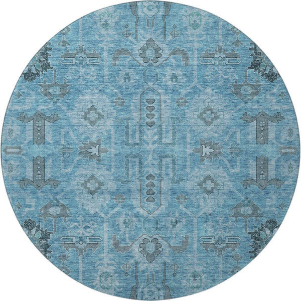 HomeRoots 8' Washable Blue Charcoal Ivory Oriental Round Rug with UV Protection for Easy Care & Style 656612