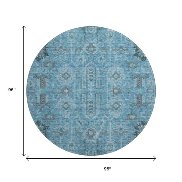 HomeRoots 8' Washable Blue Charcoal Ivory Oriental Round Rug with UV Protection for Easy Care & Style 656612