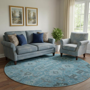 HomeRoots 8' Washable Blue Charcoal Ivory Oriental Round Rug with UV Protection for Easy Care & Style 656612