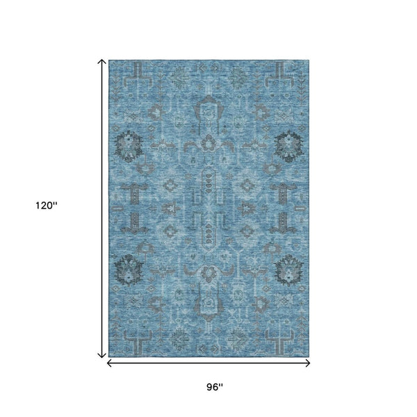 HomeRoots 8' X 10' Blue Charcoal & Ivory Oriental Washable Area Rug - UV Protected, Durable & Stylish Home Accent 656613