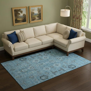 HomeRoots 8' X 10' Blue Charcoal & Ivory Oriental Washable Area Rug - UV Protected, Durable & Stylish Home Accent 656613