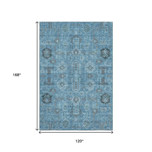 HomeRoots 10' Blue Charcoal & Ivory Oriental Area Rug - Washable, UV-Protected & Perfect for High-Traffic Homes 656615