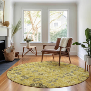 HomeRoots 8' Gold Charcoal and Gray Oriental Washable Round Rug - Durable, UV Protected, Stain Resistant Design! 656618
