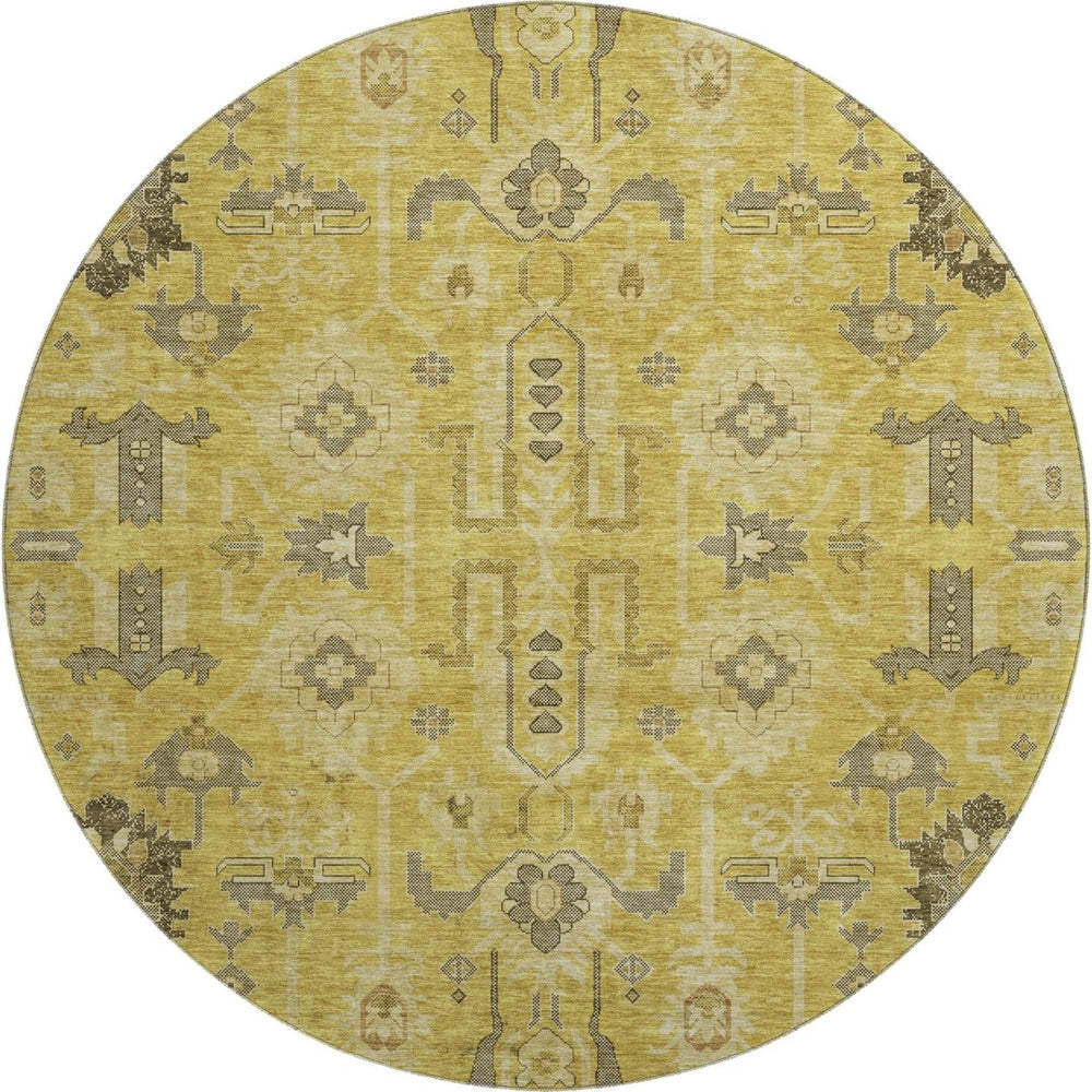 HomeRoots 8' Gold Charcoal and Gray Oriental Washable Round Rug - Durable, UV Protected, Stain Resistant Design! 656618