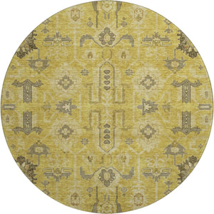 HomeRoots 8' Gold Charcoal and Gray Oriental Washable Round Rug - Durable, UV Protected, Stain Resistant Design! 656618
