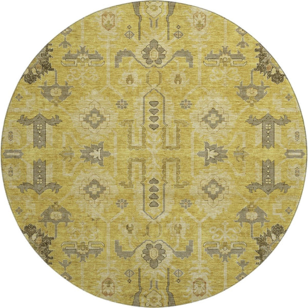 HomeRoots 8' Gold Charcoal and Gray Oriental Washable Round Rug - Durable, UV Protected, Stain Resistant Design! 656618
