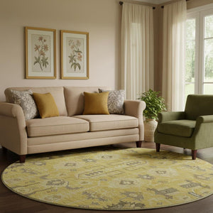 HomeRoots 8' Gold Charcoal and Gray Oriental Washable Round Rug - Durable, UV Protected, Stain Resistant Design! 656618