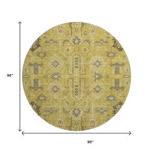 HomeRoots 8' Gold Charcoal and Gray Oriental Washable Round Rug - Durable, UV Protected, Stain Resistant Design! 656618