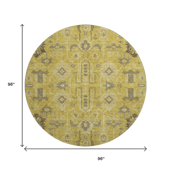 HomeRoots 8' Gold Charcoal and Gray Oriental Washable Round Rug - Durable, UV Protected, Stain Resistant Design! 656618