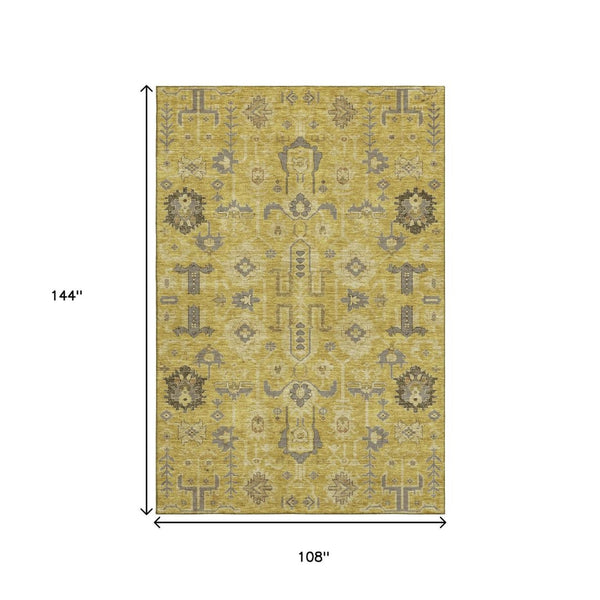 HomeRoots 9' X 12' Elegant Gold Charcoal Gray Oriental Area Rug - Washable, Stain-Resistant & UV Protected! 656620