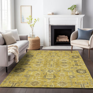 HomeRoots 9' X 12' Elegant Gold Charcoal Gray Oriental Area Rug - Washable, Stain-Resistant & UV Protected! 656620