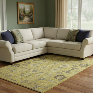 HomeRoots 9' X 12' Elegant Gold Charcoal Gray Oriental Area Rug - Washable, Stain-Resistant & UV Protected! 656620
