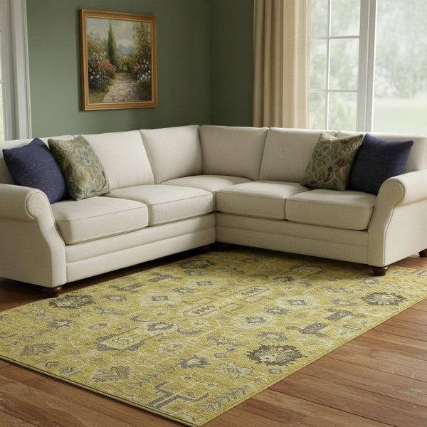 HomeRoots 9' X 12' Elegant Gold Charcoal Gray Oriental Area Rug - Washable, Stain-Resistant & UV Protected! 656620