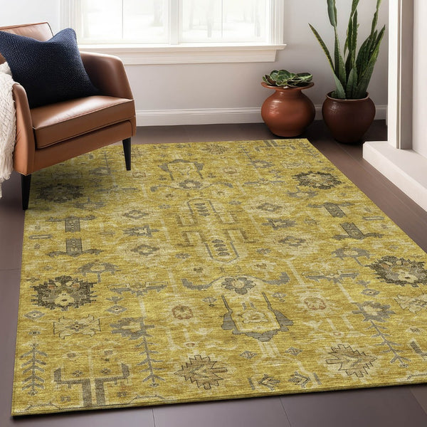 HomeRoots 9' X 12' Elegant Gold Charcoal Gray Oriental Area Rug - Washable, Stain-Resistant & UV Protected! 656620
