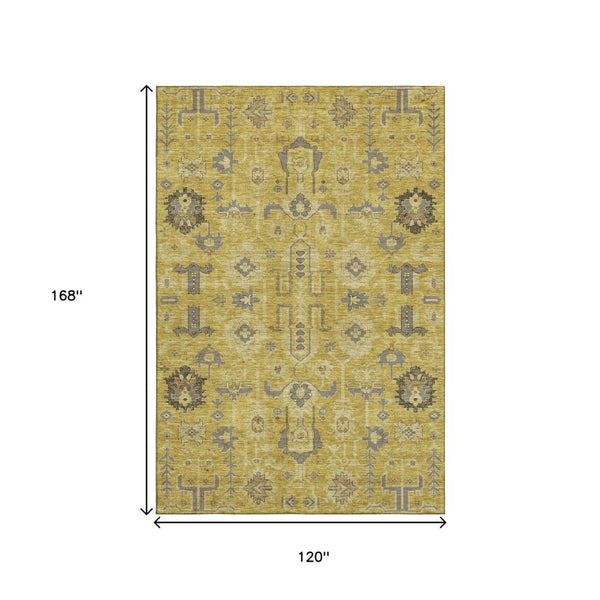 HomeRoots 10' Gold Charcoal & Gray Oriental Area Rug - Washable, UV Protected, Stain Resistant for Busy Homes 656621