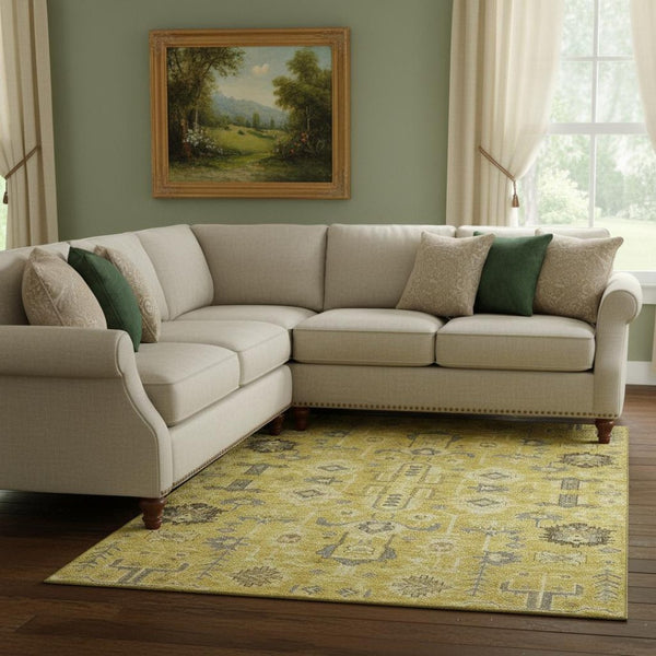 HomeRoots 10' Gold Charcoal & Gray Oriental Area Rug - Washable, UV Protected, Stain Resistant for Busy Homes 656621