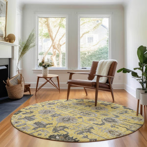 HomeRoots 8' Amber Gray and Charcoal Oriental Round Rug: Stylish, Washable, UV-Protected for Every Space! 656630