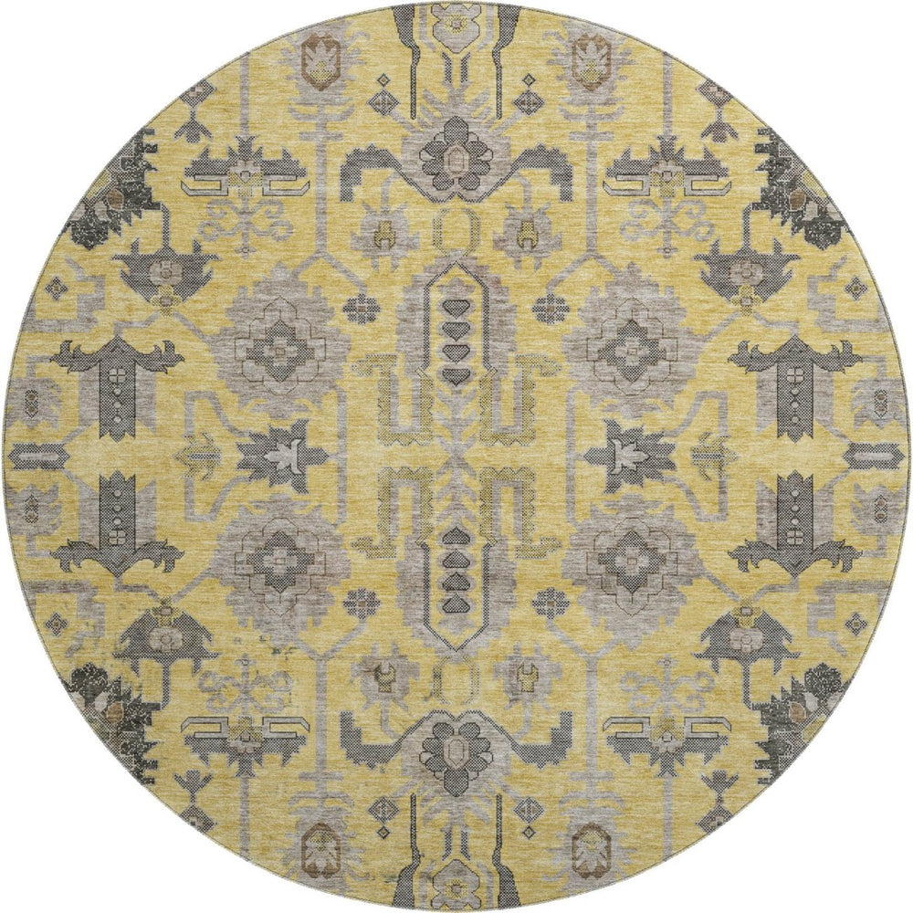 HomeRoots 8' Amber Gray and Charcoal Oriental Round Rug: Stylish, Washable, UV-Protected for Every Space! 656630