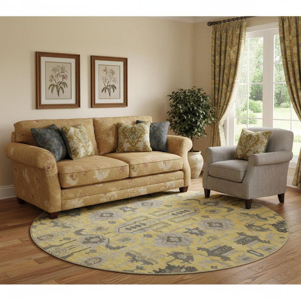 HomeRoots 8' Amber Gray and Charcoal Oriental Round Rug: Stylish, Washable, UV-Protected for Every Space! 656630