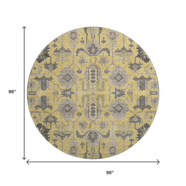 HomeRoots 8' Amber Gray and Charcoal Oriental Round Rug: Stylish, Washable, UV-Protected for Every Space! 656630