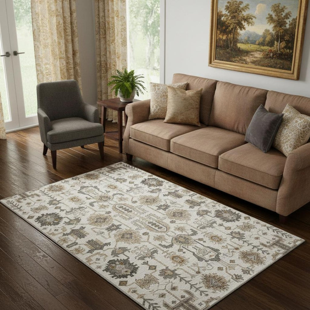 HomeRoots 5' X 8' Washable Ivory Beige and Charcoal Oriental Area Rug with UV Protection & Stain Resistance 656635