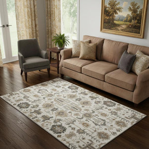 HomeRoots 5' X 8' Washable Ivory Beige and Charcoal Oriental Area Rug with UV Protection & Stain Resistance 656635
