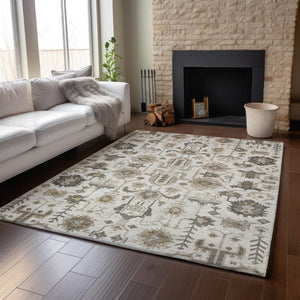 HomeRoots 5' X 8' Washable Ivory Beige and Charcoal Oriental Area Rug with UV Protection & Stain Resistance 656635