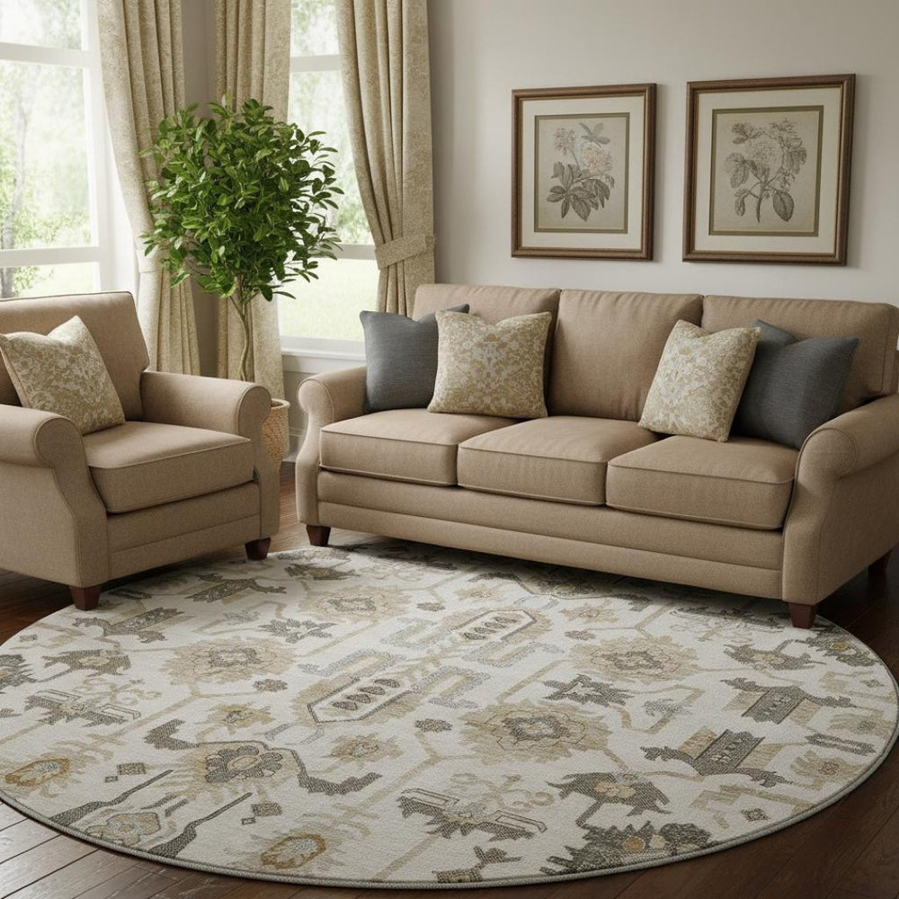 HomeRoots 8' Ivory Beige and Charcoal Oriental Round Rug - Washable, UV Protected, Stain Resistant Design 656636