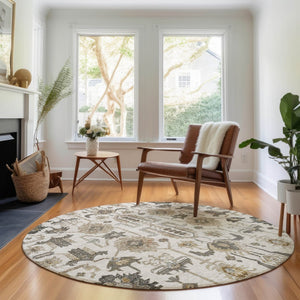 HomeRoots 8' Ivory Beige and Charcoal Oriental Round Rug - Washable, UV Protected, Stain Resistant Design 656636
