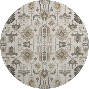 HomeRoots 8' Ivory Beige and Charcoal Oriental Round Rug - Washable, UV Protected, Stain Resistant Design 656636