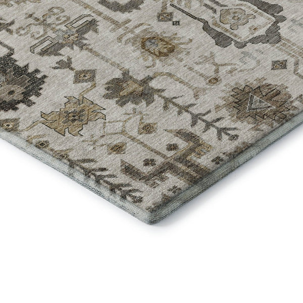 HomeRoots 8' Ivory Beige and Charcoal Oriental Round Rug - Washable, UV Protected, Stain Resistant Design 656636