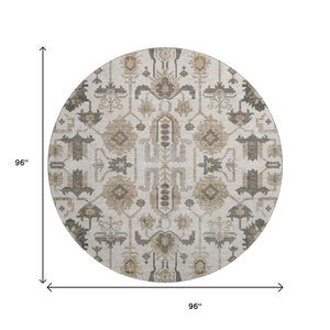 HomeRoots 8' Ivory Beige and Charcoal Oriental Round Rug - Washable, UV Protected, Stain Resistant Design 656636