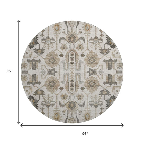 HomeRoots 8' Ivory Beige and Charcoal Oriental Round Rug - Washable, UV Protected, Stain Resistant Design 656636