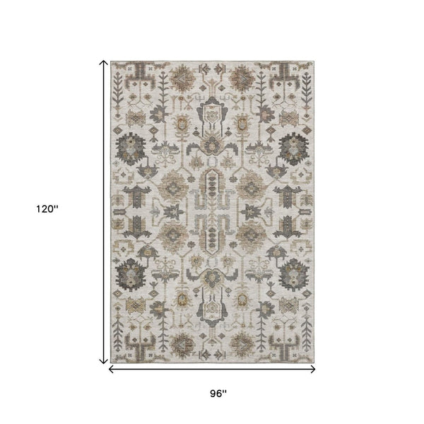 HomeRoots 8' X 10' Ivory Beige and Charcoal Oriental Area Rug - Stain Resistant, UV Protected & Durable Design 656637