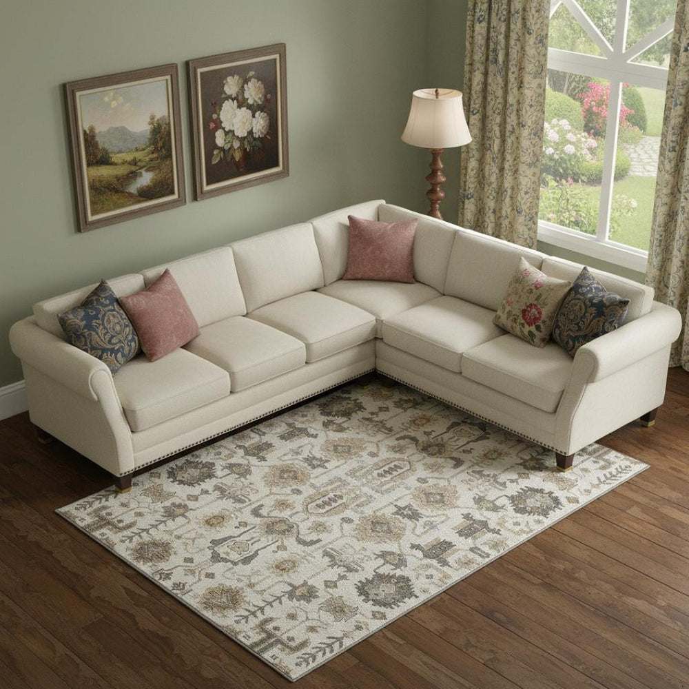 HomeRoots 8' X 10' Ivory Beige and Charcoal Oriental Area Rug - Stain Resistant, UV Protected & Durable Design 656637