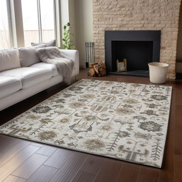 HomeRoots 9' X 12' Ivory Beige & Charcoal Oriental Washable Area Rug - Stylish, Durable, Stain-Resistant Design! 656638