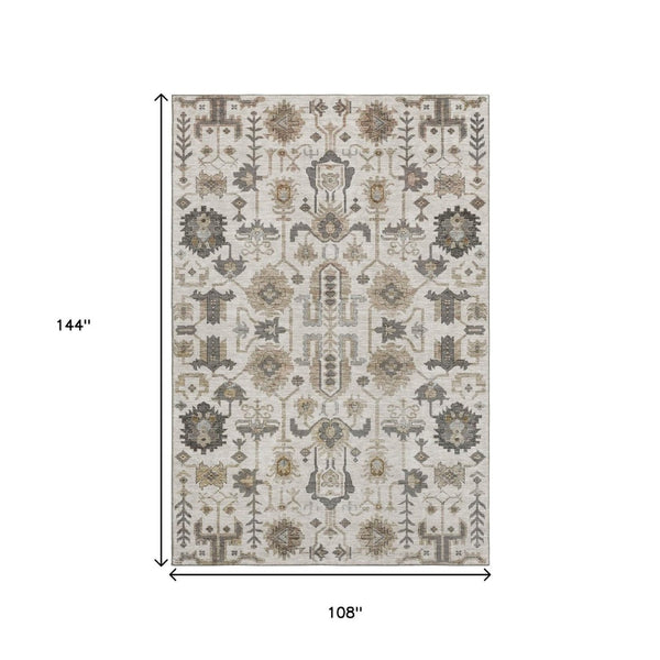 HomeRoots 9' X 12' Ivory Beige & Charcoal Oriental Washable Area Rug - Stylish, Durable, Stain-Resistant Design! 656638