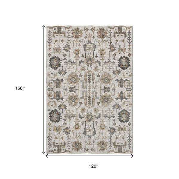 HomeRoots 10' Washable Ivory Beige & Charcoal Oriental Area Rug with UV Protection for High-Traffic Spaces 656639