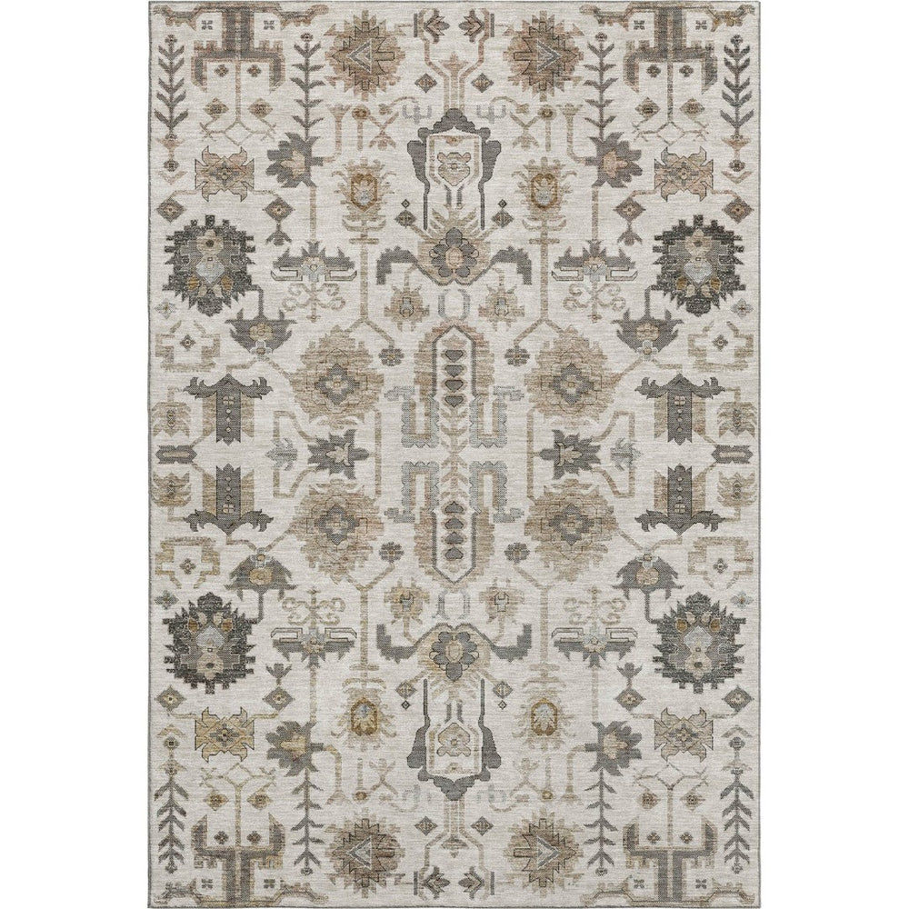 HomeRoots 10' Washable Ivory Beige & Charcoal Oriental Area Rug with UV Protection for High-Traffic Spaces 656639