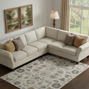 HomeRoots 10' Washable Ivory Beige & Charcoal Oriental Area Rug with UV Protection for High-Traffic Spaces 656639