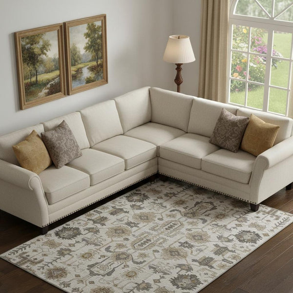 HomeRoots 10' Washable Ivory Beige & Charcoal Oriental Area Rug with UV Protection for High-Traffic Spaces 656639
