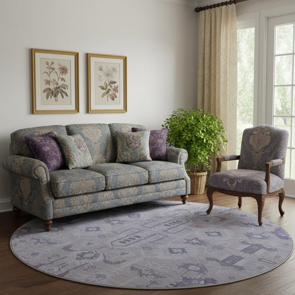 HomeRoots 8' Elegant Lavender Gray and Ivory Oriental Rug - Washable, UV-Protected, Ideal for Busy Homes 656642