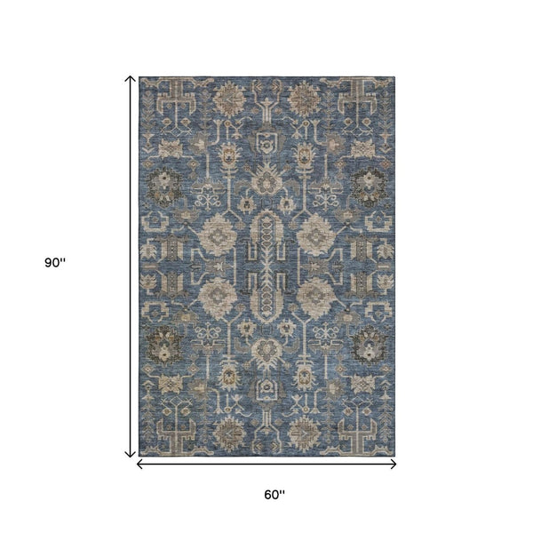 HomeRoots 5' X 8' Washable Navy Blue and Beige Oriental Area Rug with UV Protection for Modern Homes 656647