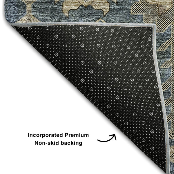 HomeRoots 5' X 8' Washable Navy Blue and Beige Oriental Area Rug with UV Protection for Modern Homes 656647