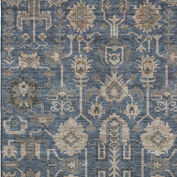 HomeRoots 5' X 8' Washable Navy Blue and Beige Oriental Area Rug with UV Protection for Modern Homes 656647